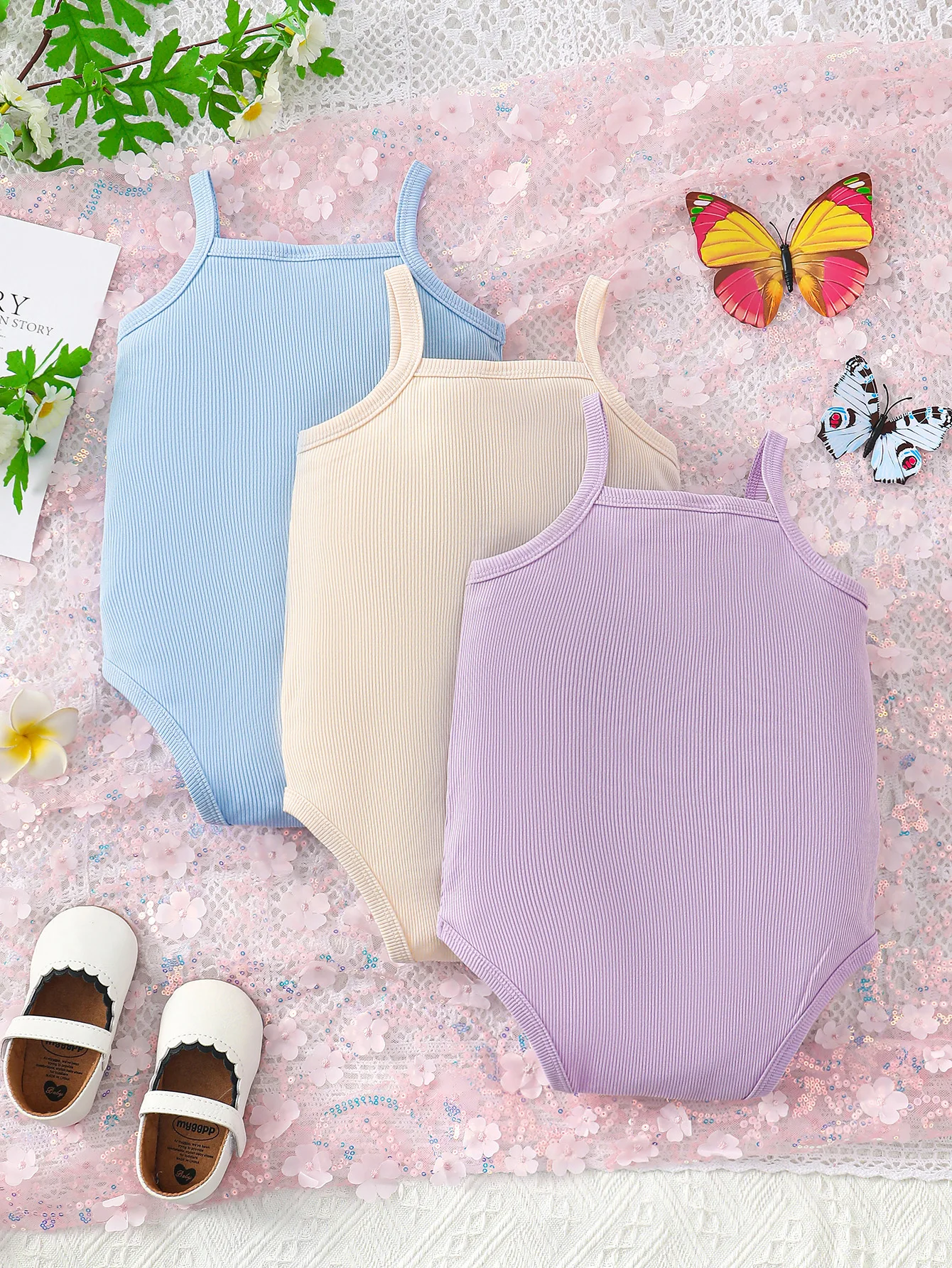 Three piece summer baby girl casual butterfly embroidery solid color pit stripe knitted fabric suspender triangle jumpsuit