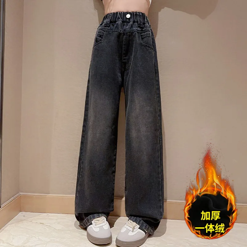 Children Winter Insulated Jeans for Girl Warm and Thick Thermal Denim Pants Teen Kids Fashion Fleece-Lined Street Trousers