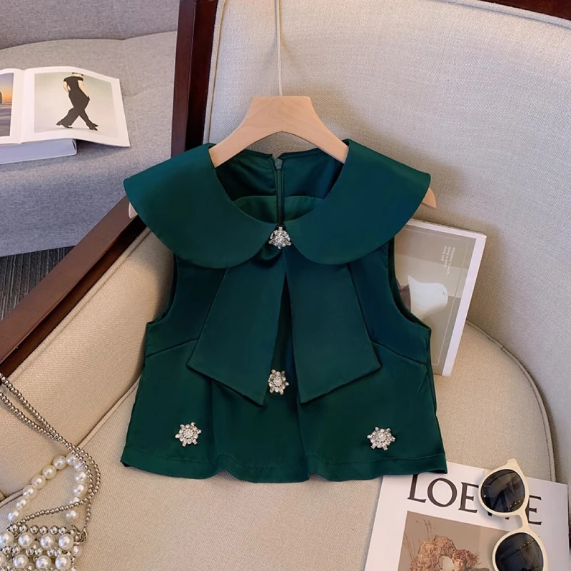 Summer Sweet Doll Collar Beaded Vest Shirt Women's 2024 New French Commuter High Quality Slim-Fit Thin Short Top Trendy