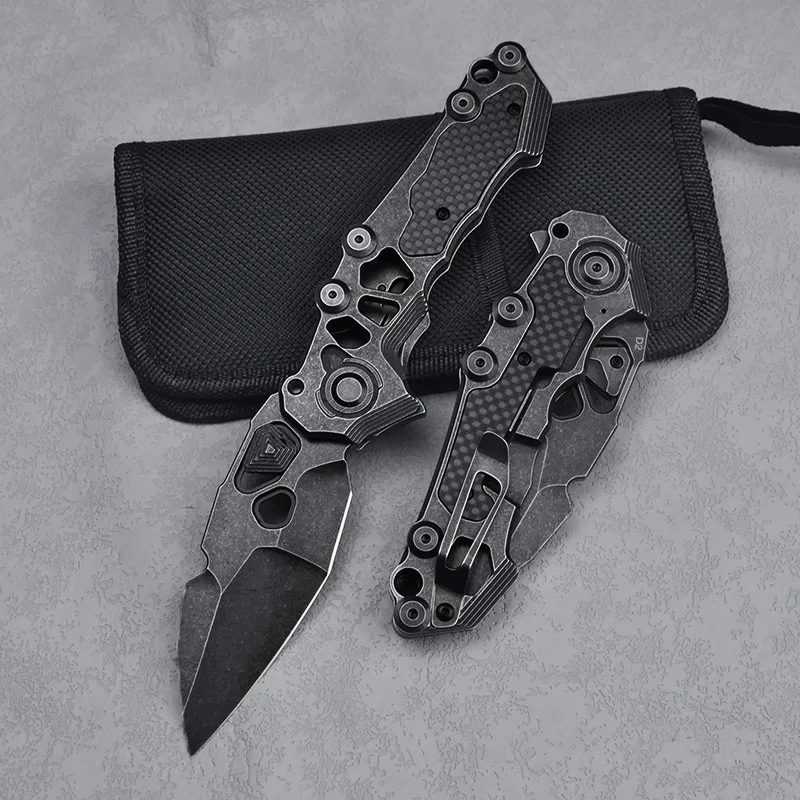 

New D2 Blade Stone Wash Pocket Folding Knife Outdoor Tactical Survival Utility Knives EDC Tools Steel+Carbon Fibre Handle