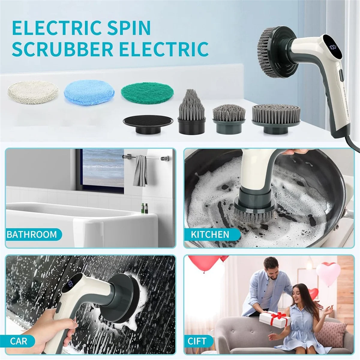 

New 2-Speed Electric Cleaner with LED Screen, Handheld Electric Multi-Purpose Cleaning Brush for All Kinds of Floors