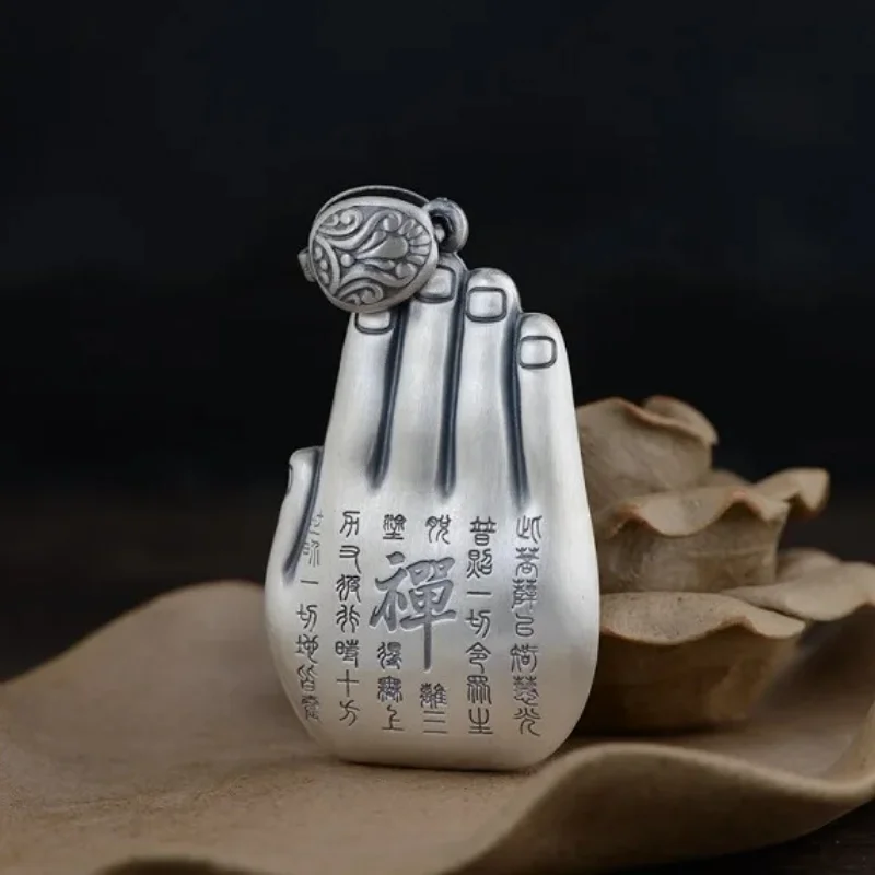 Tibetan Silver Eight Buddha Statue Amulet Pendant Silver Buddha Statue Charm In Palm Shape Buddhist Pendant