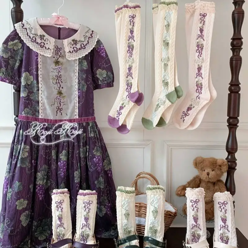 Sweet Lolita Grape Embroidery Socks Ruffle Trim Calf Socks Kawaii Vintage Lace Hosiery Women Cosplay Dress Accessories