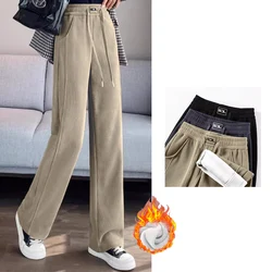 Winter Women Classic Korean Style Snow Warm High Waisted Pants Lady Leisure Concise Wide Leg Straight Leg Plush Thermal Trousers