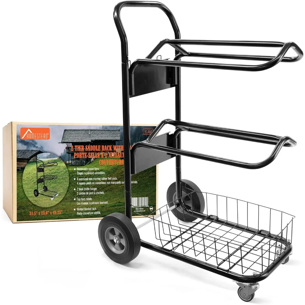 Organizers and Storage 220 Lbs Rolling Saddle Rack Cart with Basket – Heavy Duty Saddle Stand