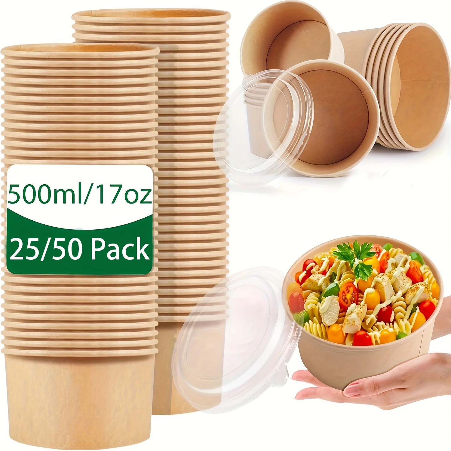 Paquete de 17 Oz/500Ml, 25/50 tazones de papel con tapas, tazones de sopa desechables, fiambrera de contenedores de alimentos, ensaladeras, tazones de preparación de comidas