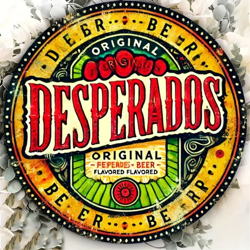 Letrero de metal de cerveza Desperados vintage, arte de pared redondo de aluminio, diseño floral vibrante para bar y hogar