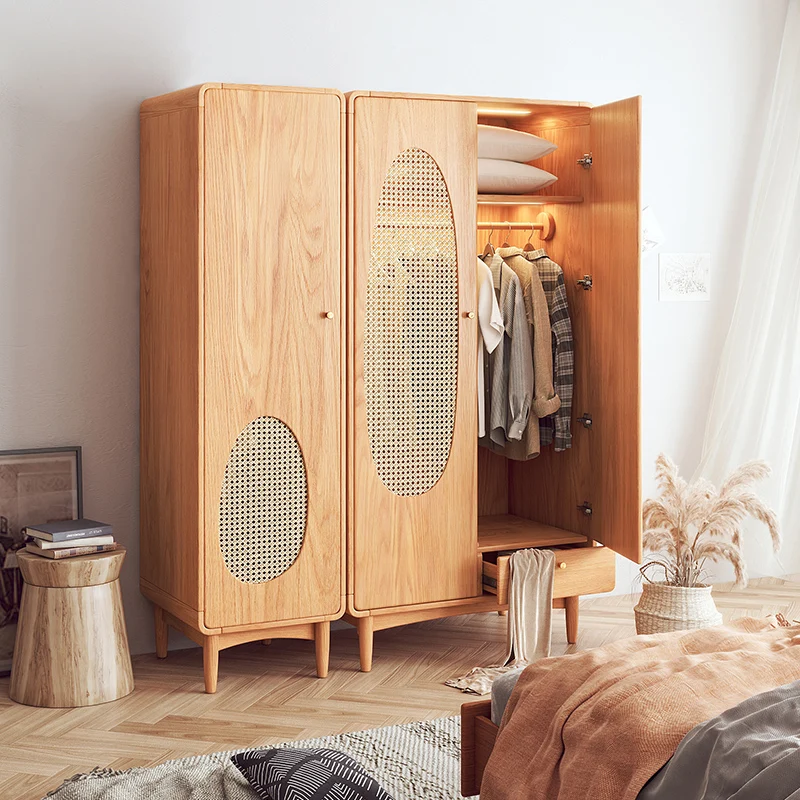 

Solid wood wardrobe household small apartment bedroom locker wabi-sandy wind simple modern storage Nordic rattan