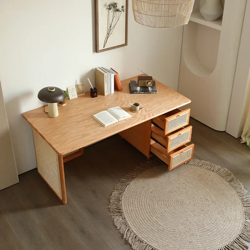 Nordic all solid wood desk bedroom rattan home writing simple drawer locker computer table