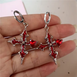 Fashion Gothic Red Cross Drop Earrings Women Men Halloween Jewellery Street Punk Hip Hop Grunge 2000s EMO Jewelry Accessories