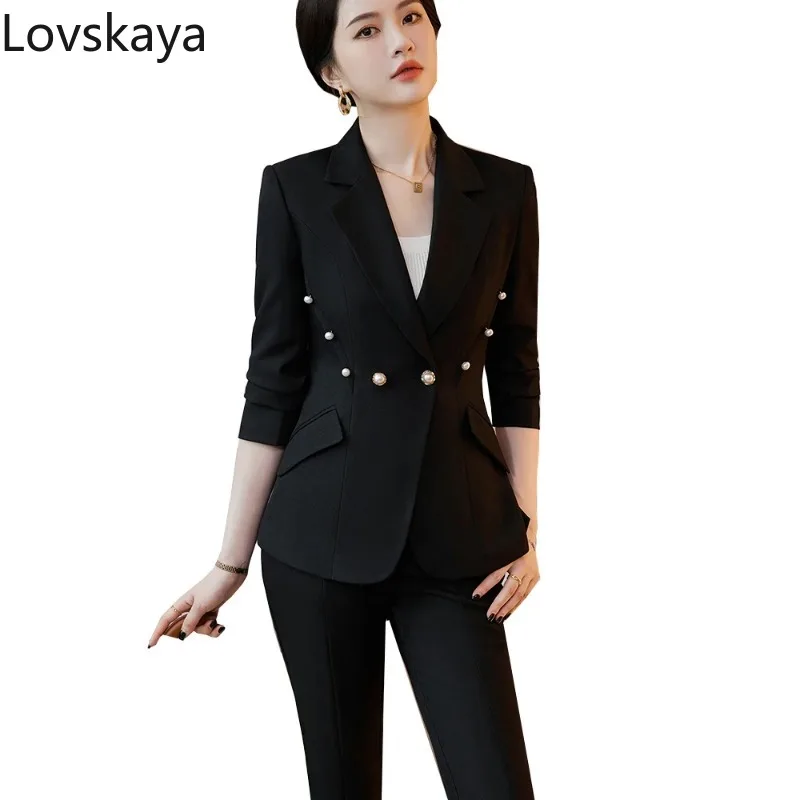 

Fashion Female Business Jacket Trouser 2 Piece Blazer Set For Winter Black Red Yellow Women Work Wear Pant Suit Formal