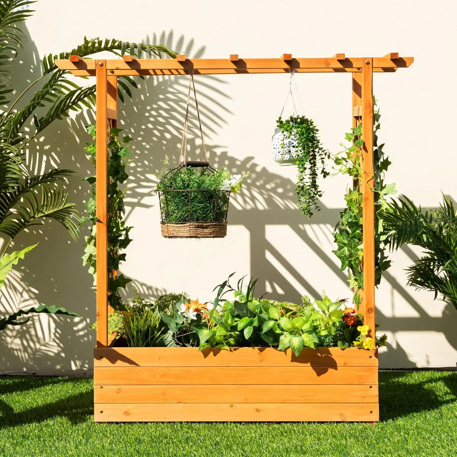 Wood Raised Garden Bed with Arch Trellis and Hanging Roof for Outdoor Patio, 4 Drainage Holes for Climbing Plants