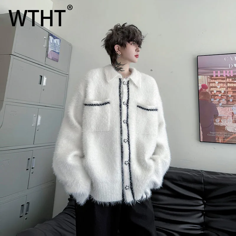 

WTHT модный мужской полосатый вязаный свитер с карманами контрастного цвета, мода 2022, осеннее пальто с отложным воротником и длинными рукавами, мужское пальто 2A2083