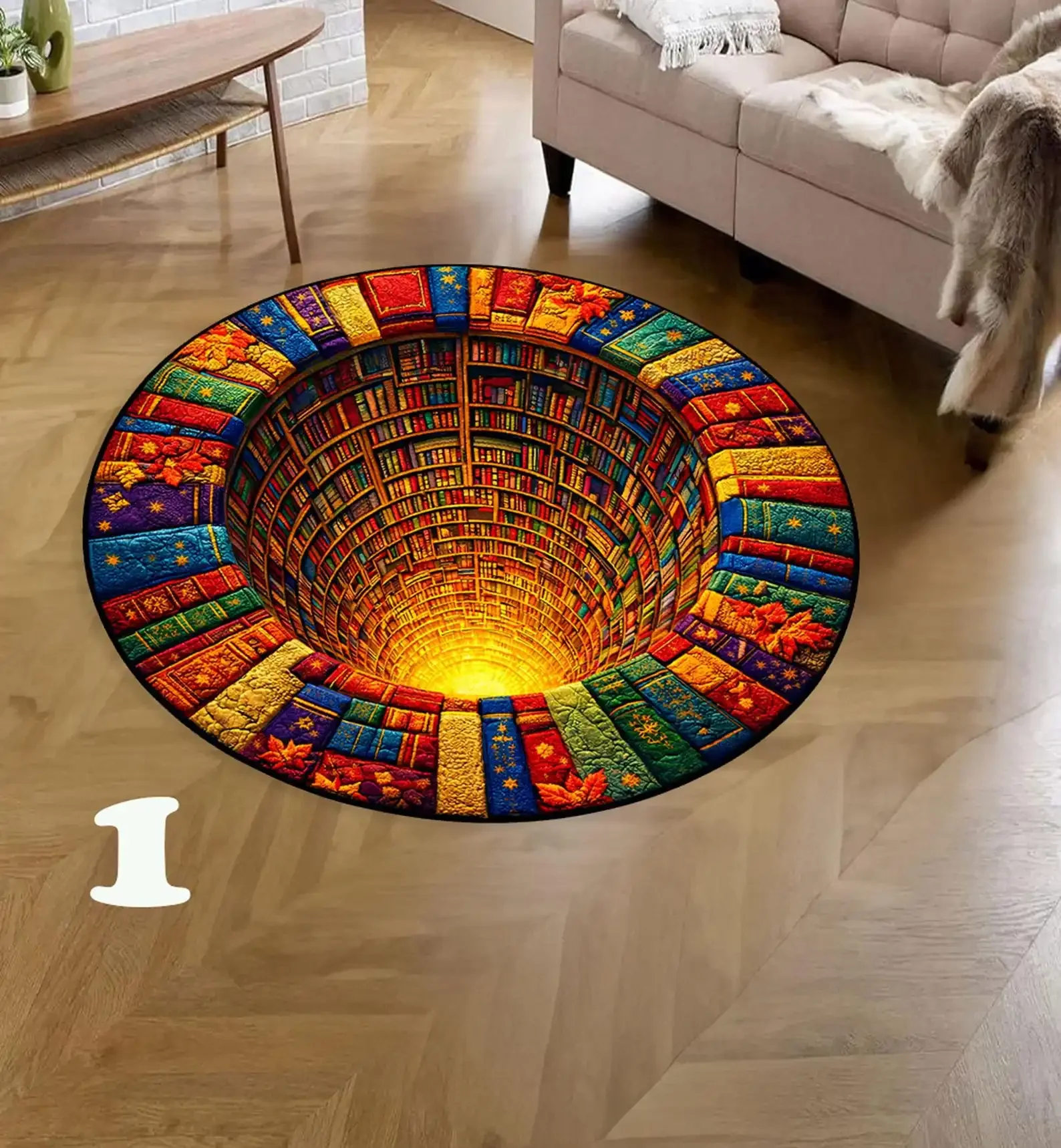 2D Illusion Round Area Rug Bookcase Deep Hole Printed Circular Carpets Non Slip Washable Creative Library Sofa Decor Mat