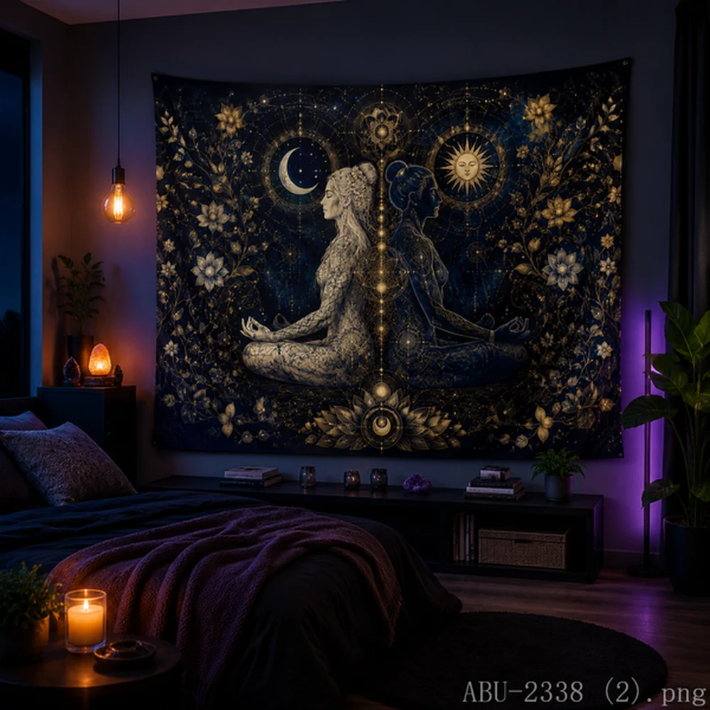 VIKAMA Neon Chakra Lotus Tapestry Spiritual Astronaut Wall Art for Mindfulness Room Boho Bedroom Home Decor Art Soft