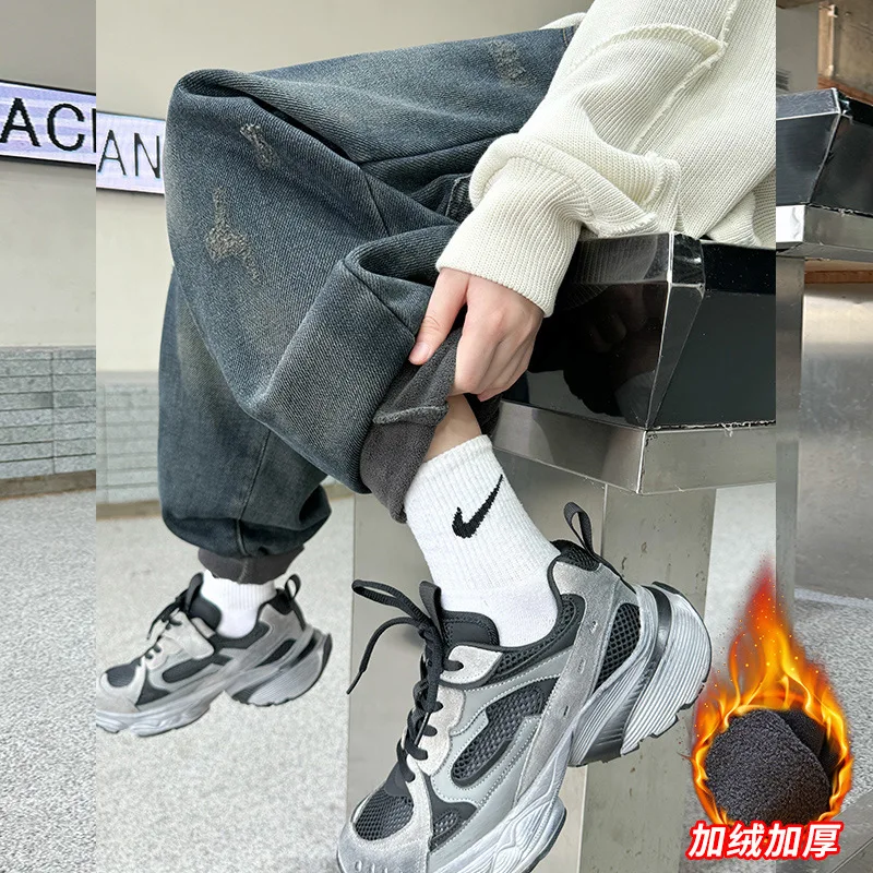 ﻿ جينز شتوي عالي الجودة للمراهقين مبطن بالصوف للأطفال بنطلون حراري عتيق بنطلون رياضي للأطفال سروال دينم عازل دافئ