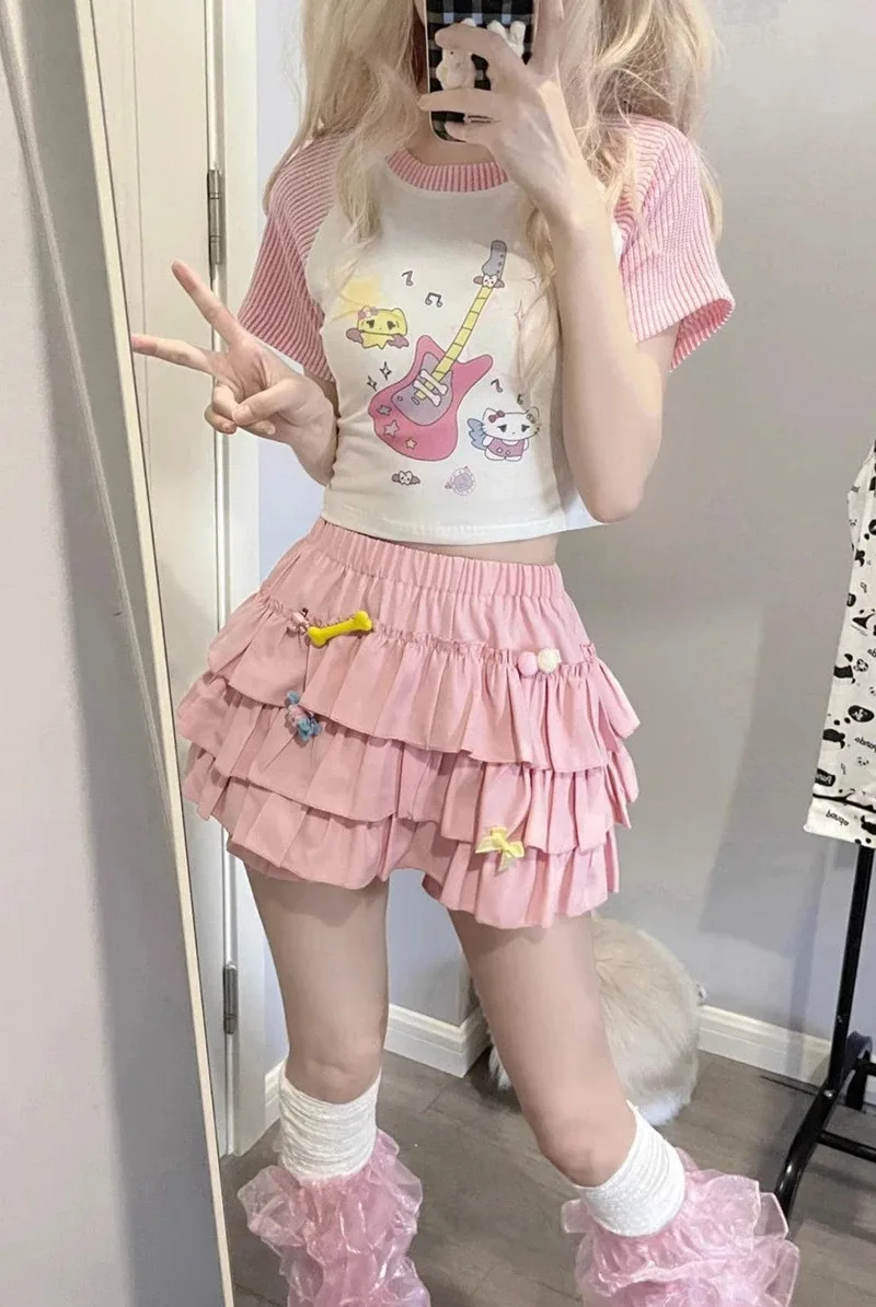 Y2K Sweet Ruffles Mini Skirt Women Kawaii Lolita Bow A Line Skirts Harajuku Japanese High Waist Pink White Ball Gown Skirt image 5