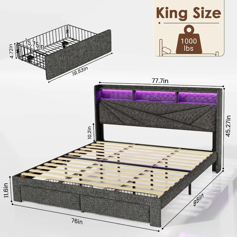 LED King Size Bed Frame with 2 Storage Drawers,Upholstered King Bed Frame with Headboard,Charging Station,No Box Spring Needed