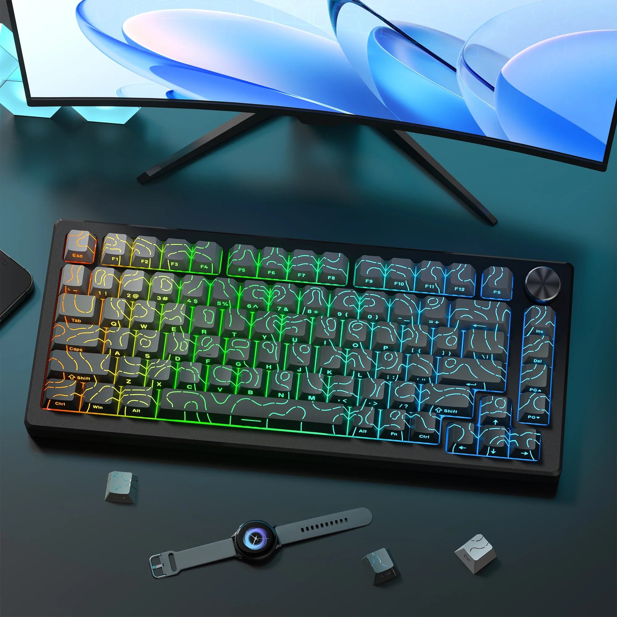 97/134 Tasten Polar Day Topographic 4.0 PBT Tastenkappen Double Shot Seitlich Durchscheinend Hintergrundbeleuchtete Tastenkappen für MX Gamer Mechanische Tastatur