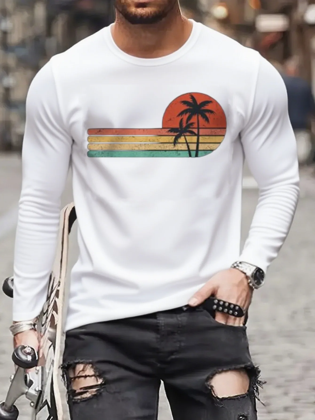 Men's 100% Cotton Oversized Surfing T-Shirt - White with Retro 70s/80s Palm Tree & Wave Print, Crew Neck Long Sleeve Casual Beachwear, All-Season Comfort Fit for Surfing & Casual Attire (Machine Washable) - Loose Fit with Relaxed Fit
