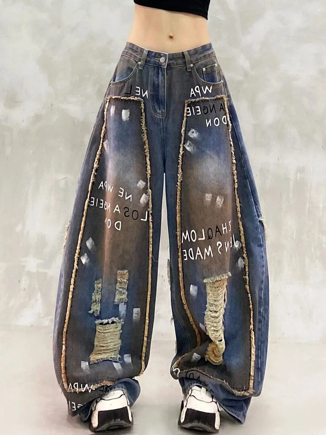 Trendy High Waist Loose Straight Leg Jeans Women's Summer New Style Knife  Pants Painted Design Slimming Denim Skinnies