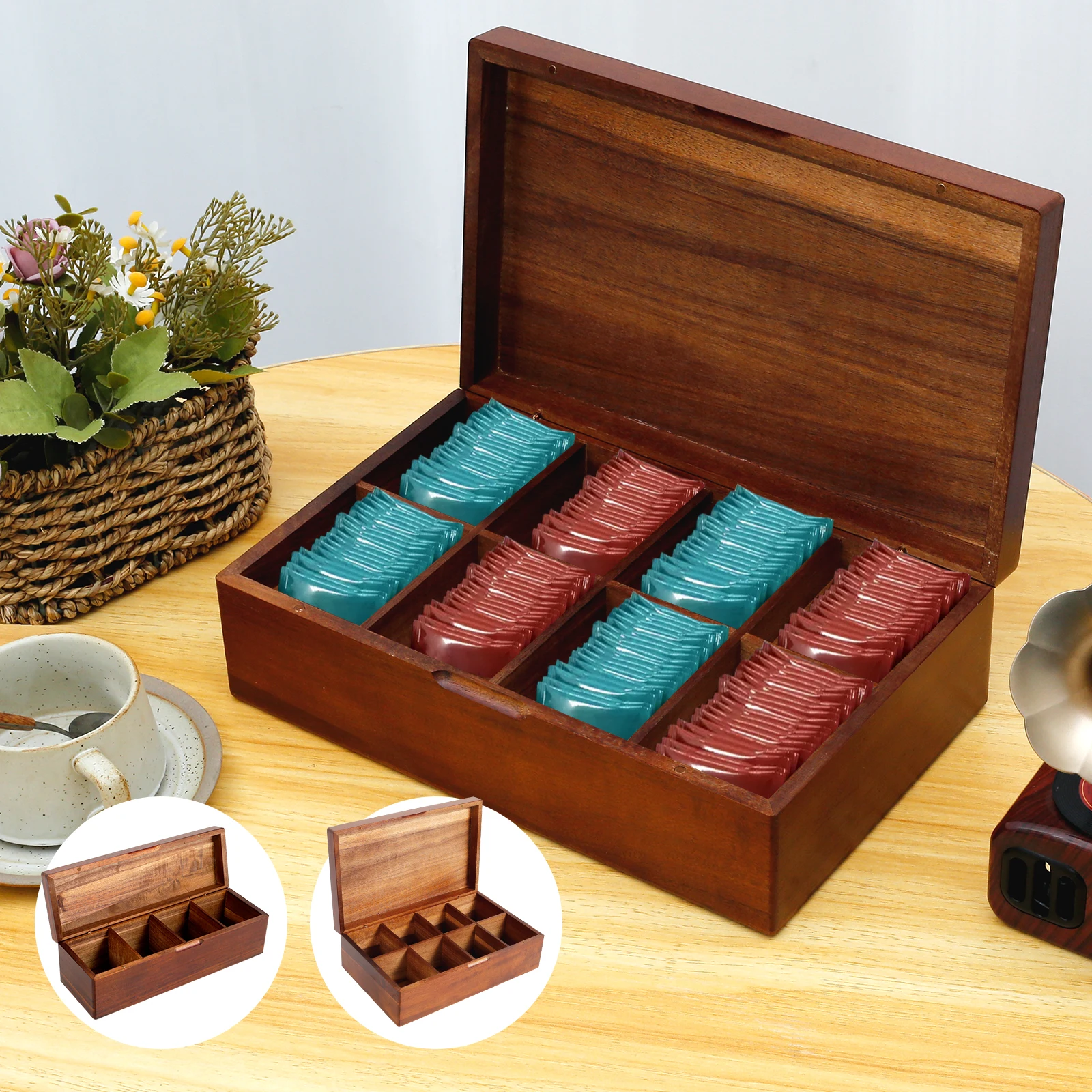 Wood Tea Bag Organizer with Lid Multi Functional Compartment Dustproof Elegant Tea Bag Storage Box for Countertop
