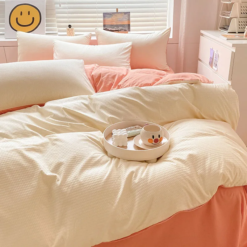 Super Soft Two-Color Waffle Bedding Set Simple Skin-Friendly Bedclothes for All Seasons Bedsheet Quilt Cover Pillowcase for Home