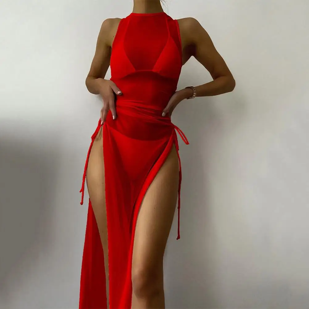 Robe de plage moulante en mousseline de soie, ensemble de 3 pièces, sexy, transparente, longue, rembourrée, bikini