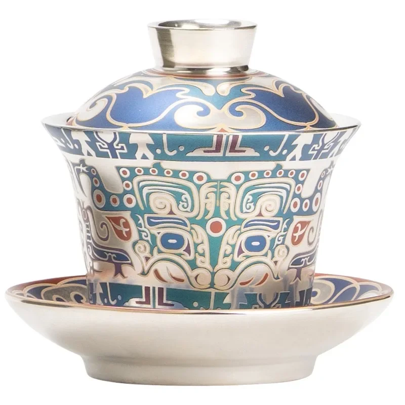 National Taotie Pattern Three Talent Cover Bowl KungFu Tea Brewer Hand-painted 999 Silver Light Luxury High-end TeaSet Tea Bowl