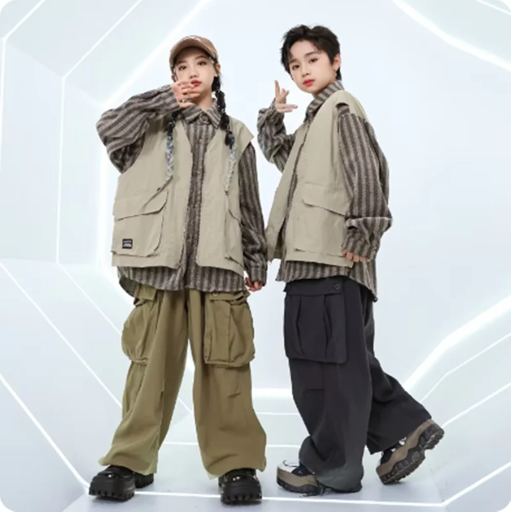 Kids Hip Hop Dance Costume Boy Street Dance Stage Outfit Girls Fashion Kpop Jazz Dancewear Khaki Stripe Shirt Oversize Pants yk view 5