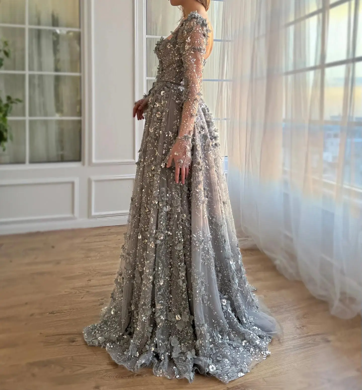 AA21 Customized Elegant Arabic Prom Dresses Long Sleeve 3D Flower Beads Women Formal Occasion Dress Birthday Party Evening Gown