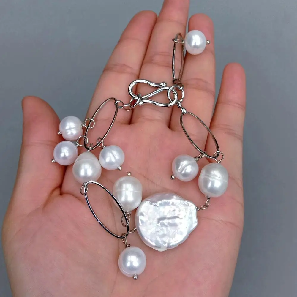 KKGEM 22mm Freshwater White Keshi 11x13mm Rice coin potato Pearl Chain Bracelet  Wedding Jewelry Women Gift