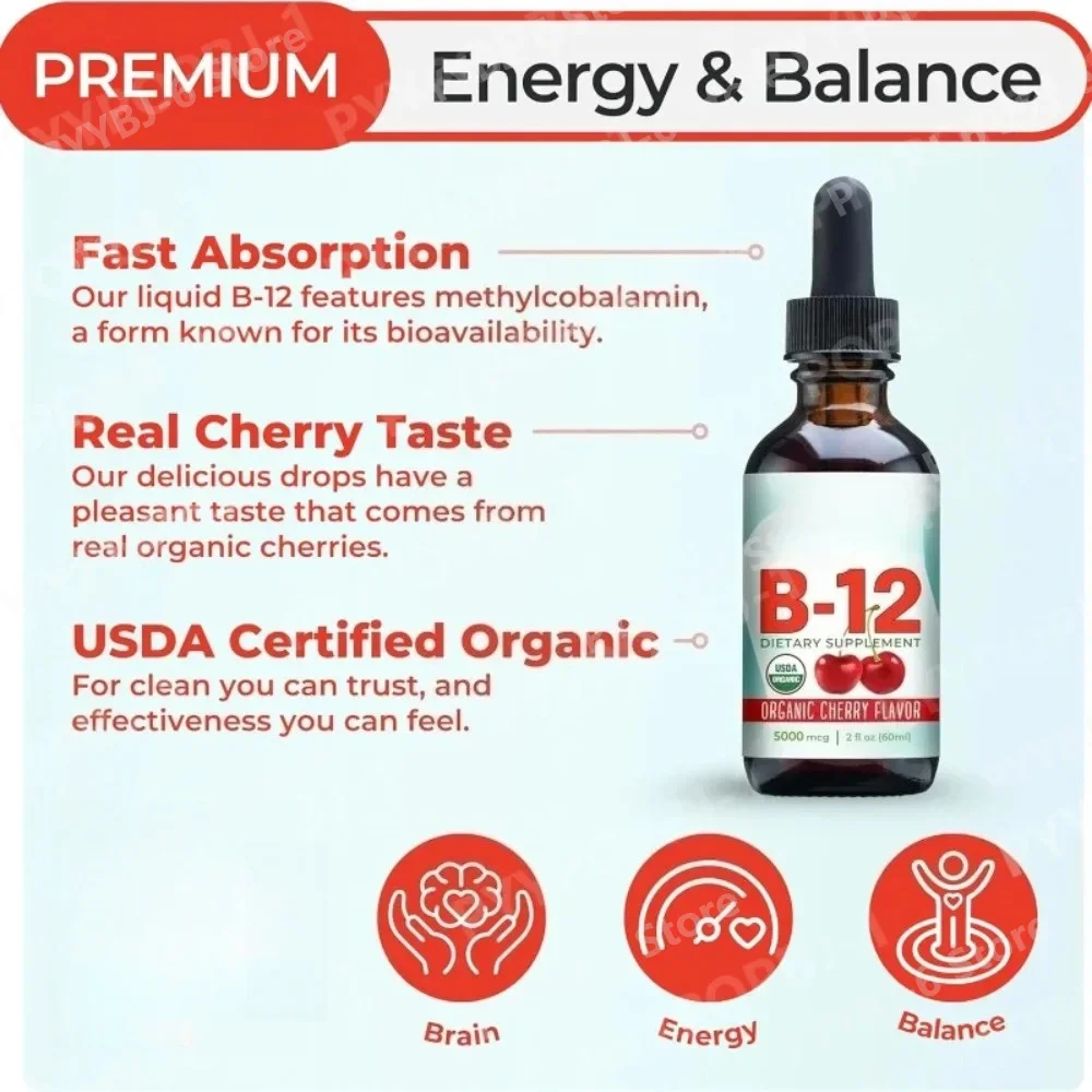 Methylcobalamin Vitamin B12 Drops Liquid Sublingual Supplement Cherry Flavor 60ml Daily Energy Mood Focus Memory Support