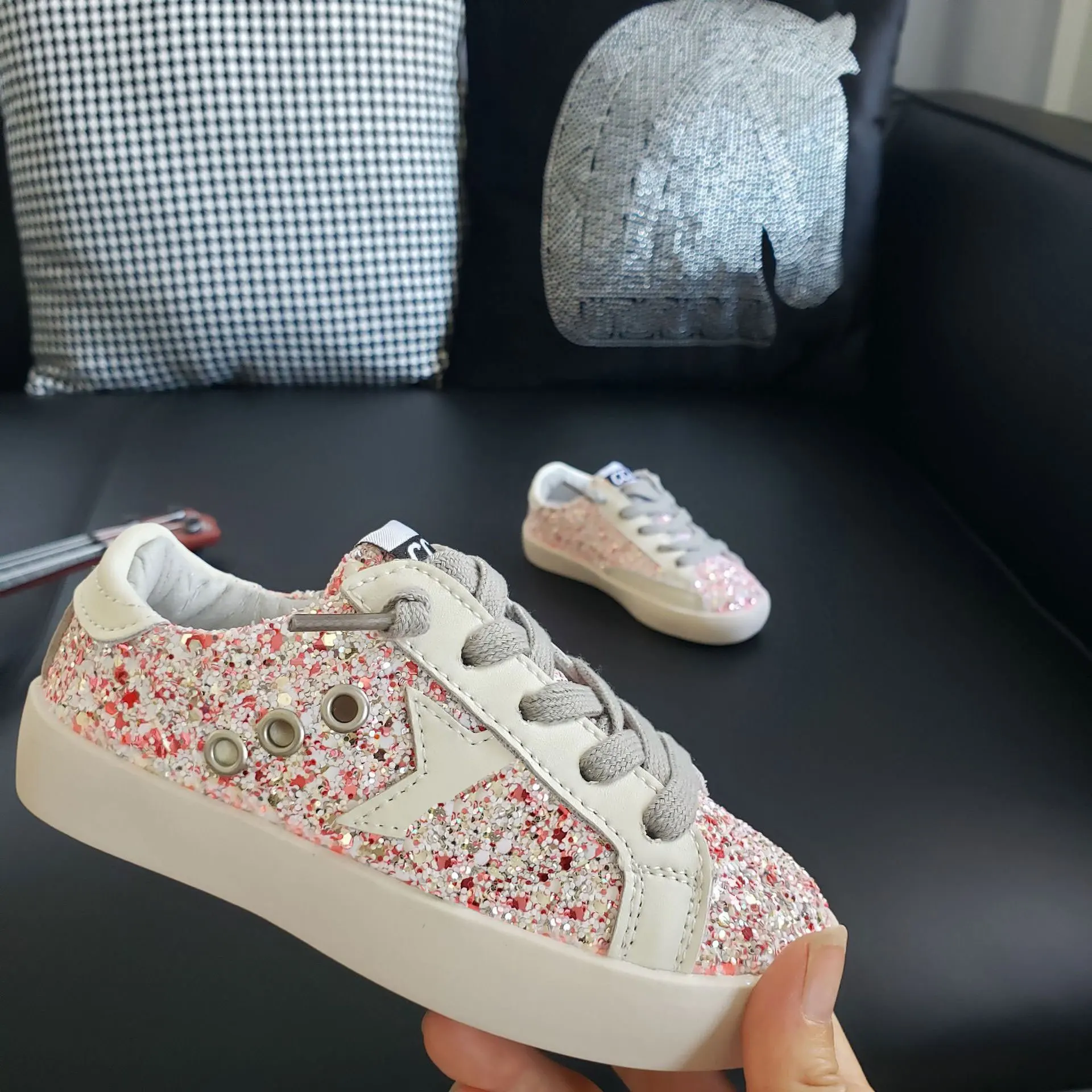 

New Autumn Children Casual Sports Shoes Girls Boy Sneakers Pink glitter Vintage Sneakers Kids Soft-soled Casual White Shoes
