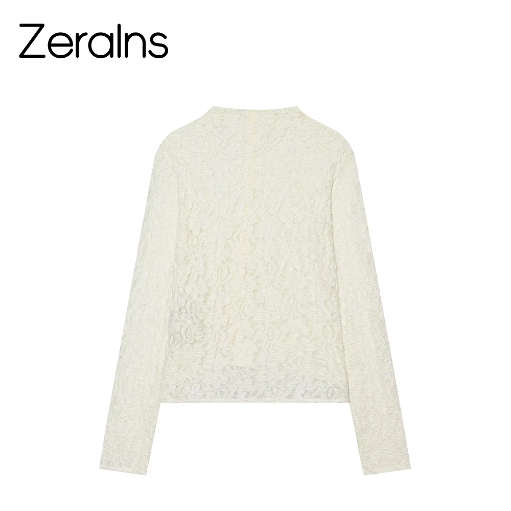 ZERAINS Women's new autumn outfit with European and American style long sleeved stand up collar semi transparent lace buckle top