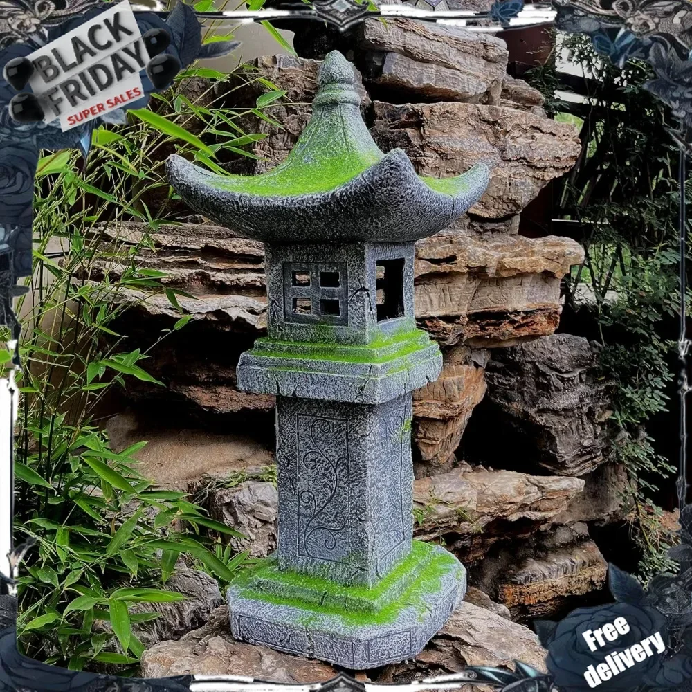 31.5’’High Japanese Pagoda Statue Moss-Covered Retro Miniature Tower Lantern Garden Decoration Figurines Outdoor