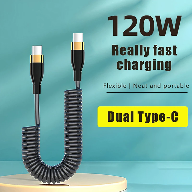 120W USB Type C Fast Charging Cable 6A Spring Telescopic Car Charger Cable High Speed Charging Data Cable Phone Accessories