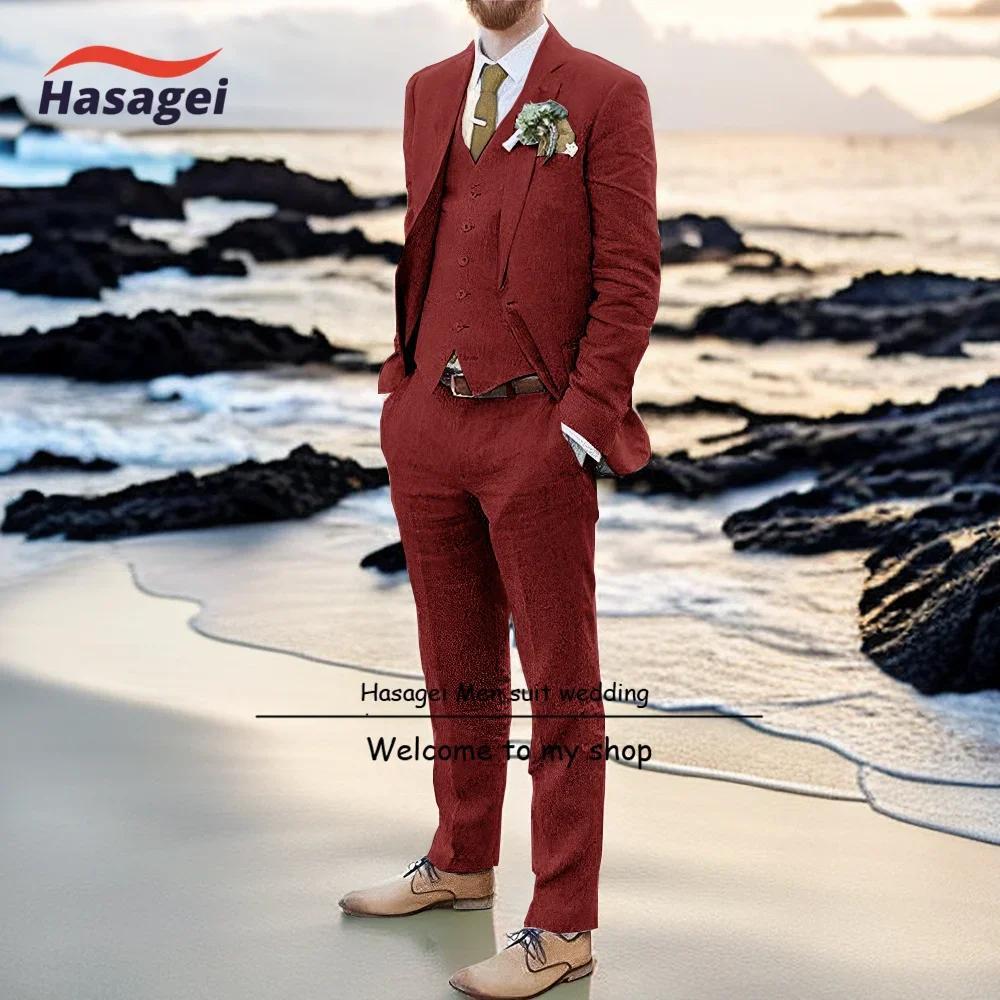 

Men Suits Linen Beach Wedding Suits 3 Piece Groomsmen Attire Linen Blazer Vest Pant Prom Tuxedo