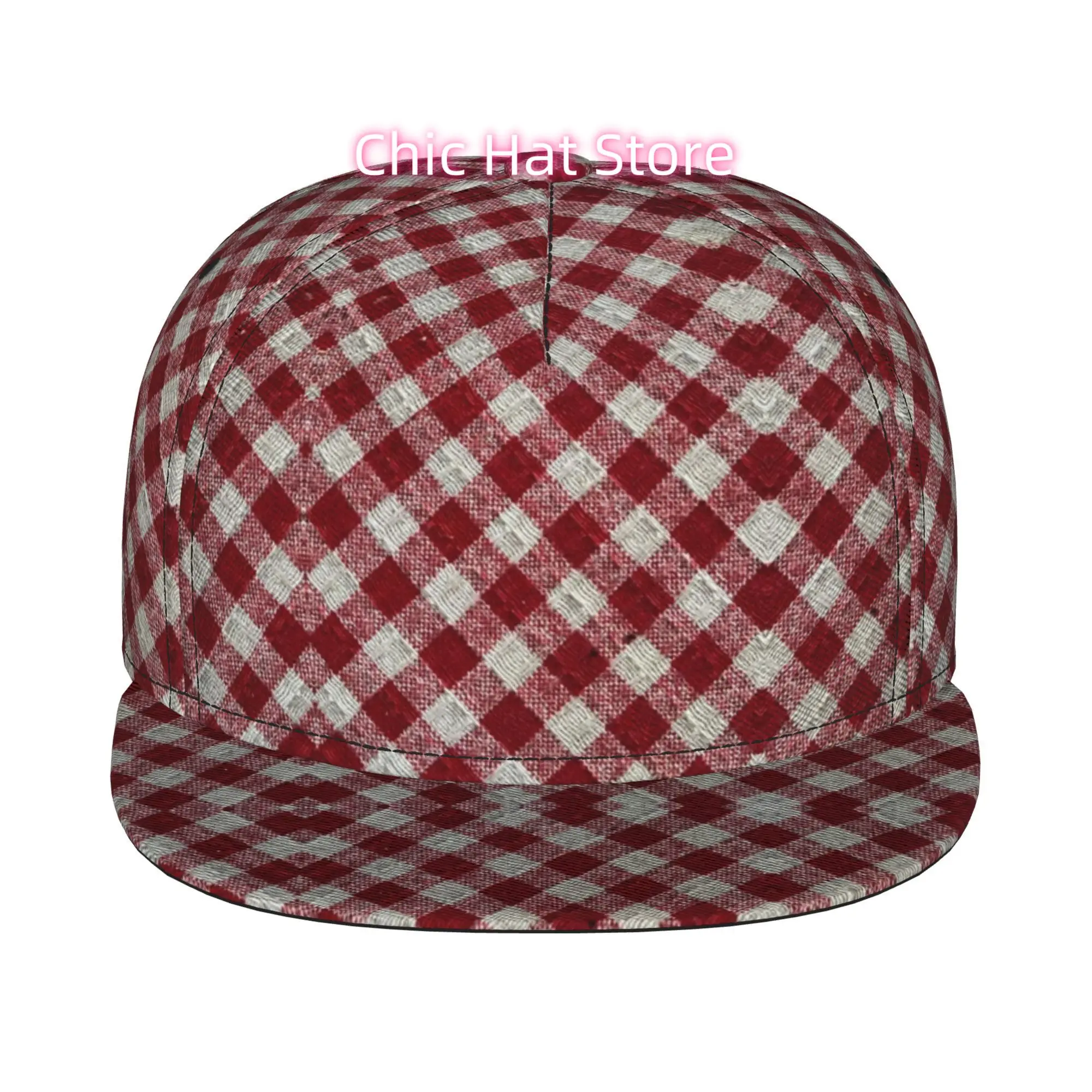 1pc Red White Check Fabric Fully Printed Hip-hop Caps, Baseball Caps, Stylish Flat-brimmed Baseball Caps, Sports Outdoor Casual