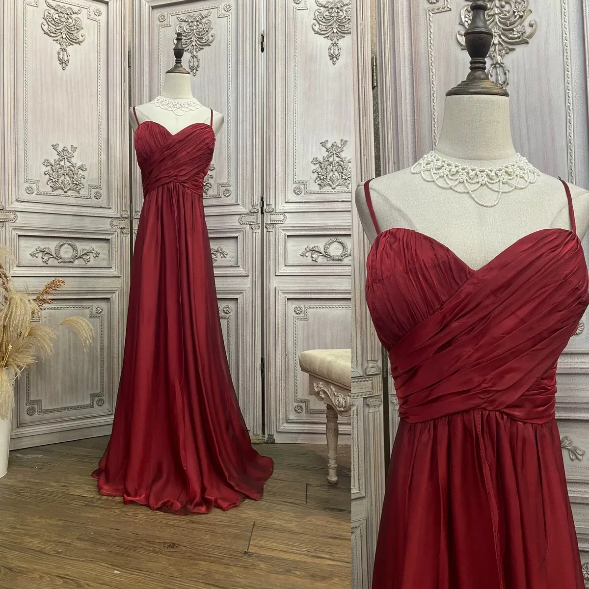 

Burgundy Spaghetti Strap Evening Dress Sweetheart Floor Length Pleated Backless Annual Meeting Host Elegant Party Bride Gowns