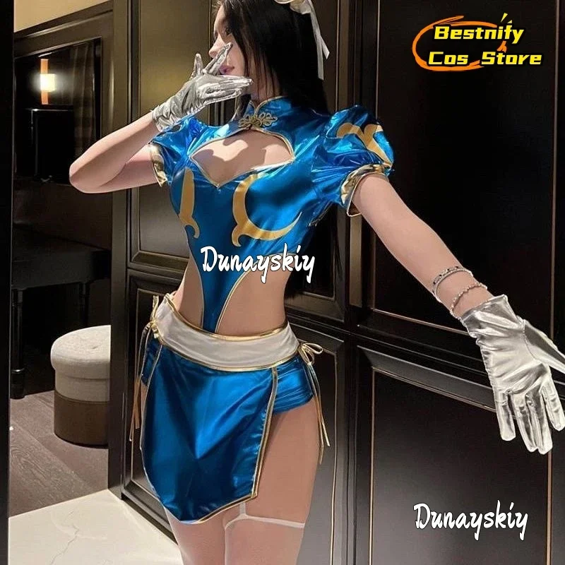 أزياء كوسبلاي جيمز تشون لي التأثيرية S-L فساتين شيونغسام الأزرق سبليت للنساء البالغات بدلة أغطية الرأس بدلة أنيمي للحفلات