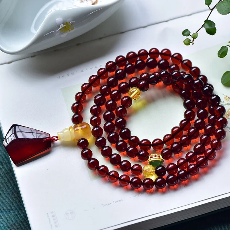 

Natural 6.8MM Blood Buddha 108 Beads Amber Necklace Bracelet Dual-use Four Circles