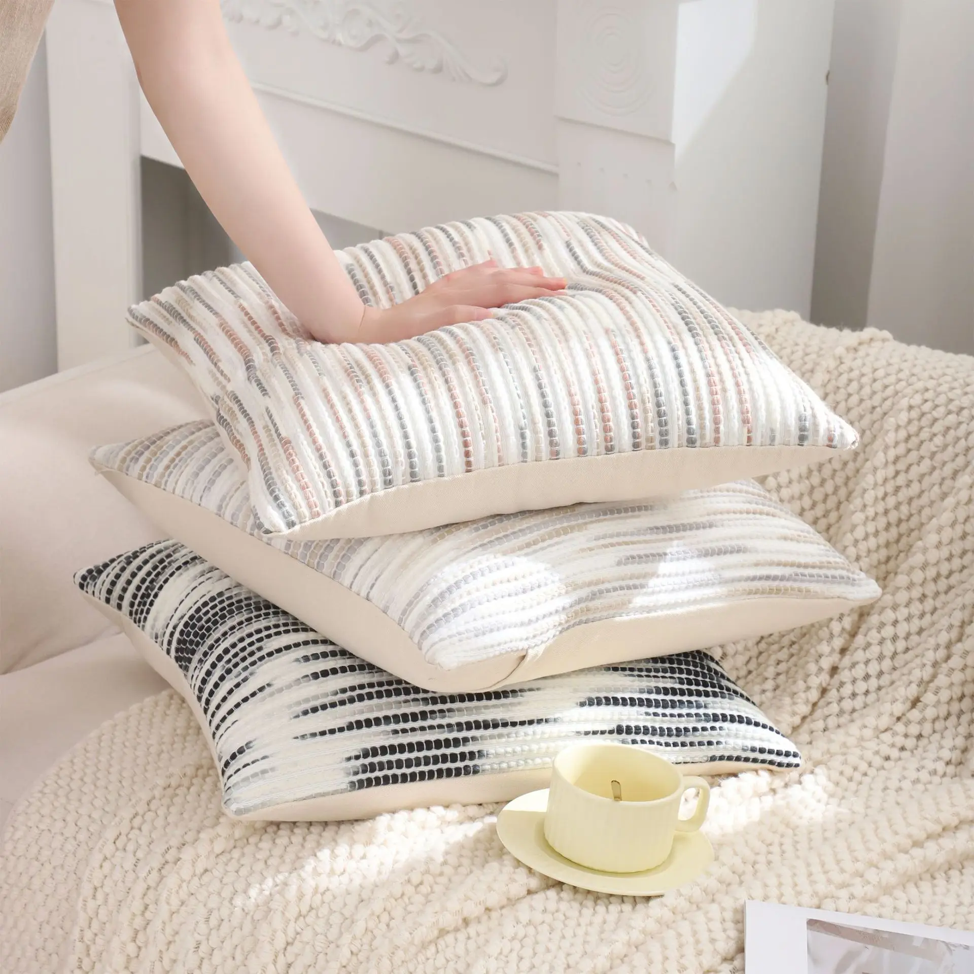 Retro Vertical Bar Throw Pillows Living Room Sofa Cushions Office Headrest Covers Thickened Cotton And Linen Fabric Lumbar Pi