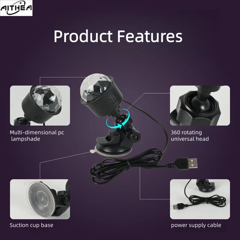 AITHEA RGB Rotating USB Projector Lamp Multicolor Disco Light for Home Party Car KTV Christmas Bedroom Decor