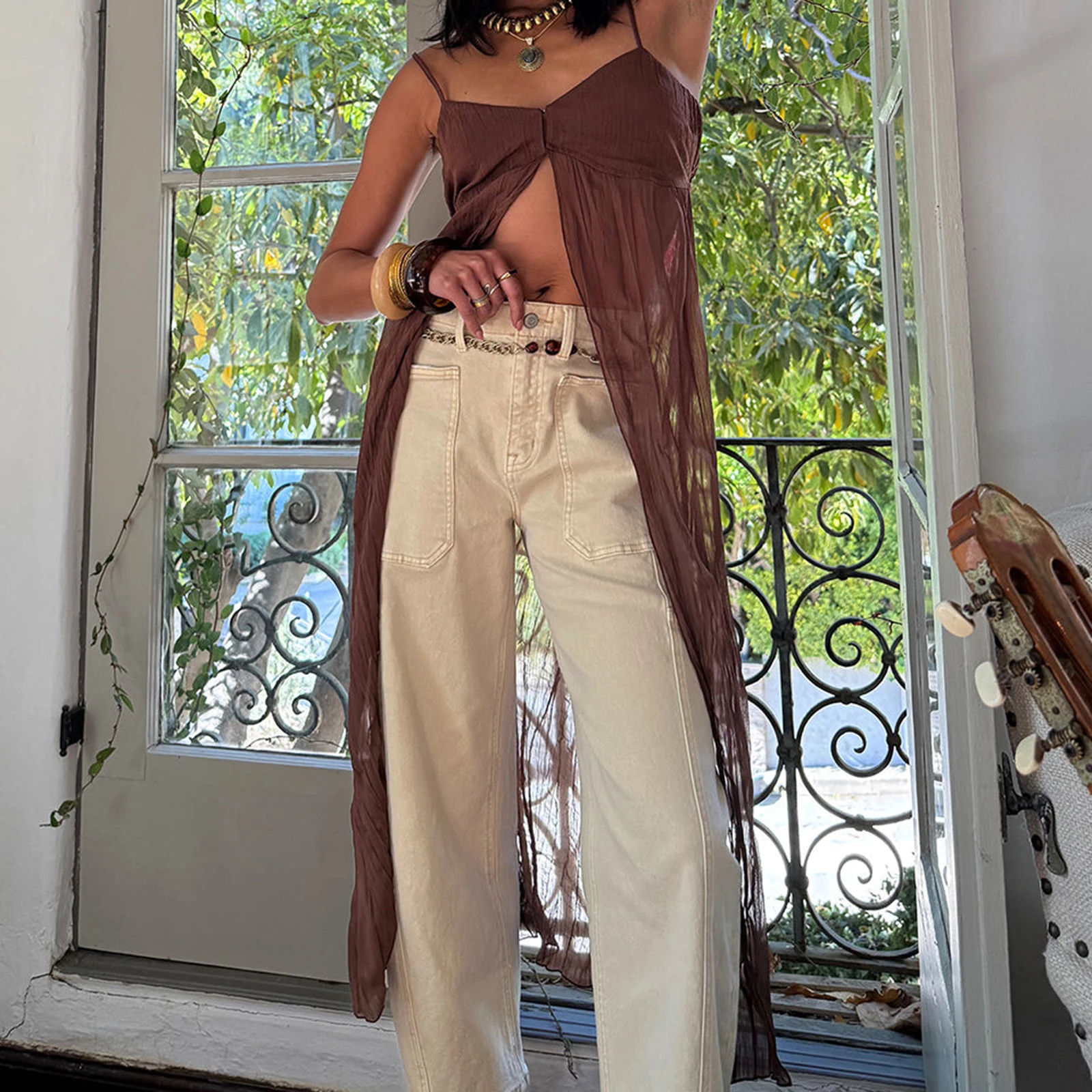 Combahsaki Women Button Front Split Long Shirt Dress Sleeveless Adjustable Spaghetti Strap Solid Backless Cami Tops Beachwear