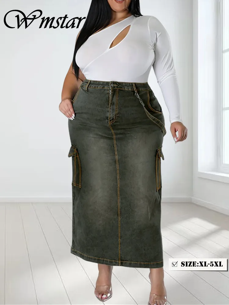 Wmstar Plus Size tylko spódnice damskie odzież Denim Maxi z kieszeniami seksowna średnia rozciągliwa długi nowy spódnica sprzedaż hurtowa