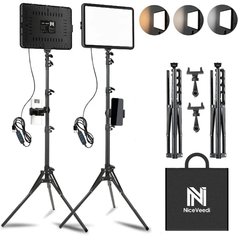 

2-Pack LED Video Light Kit, NiceVeedi Studio Light, 2800-6500K Dimmable Photography Lighting Kit with Tripod Stand&Phone Holder