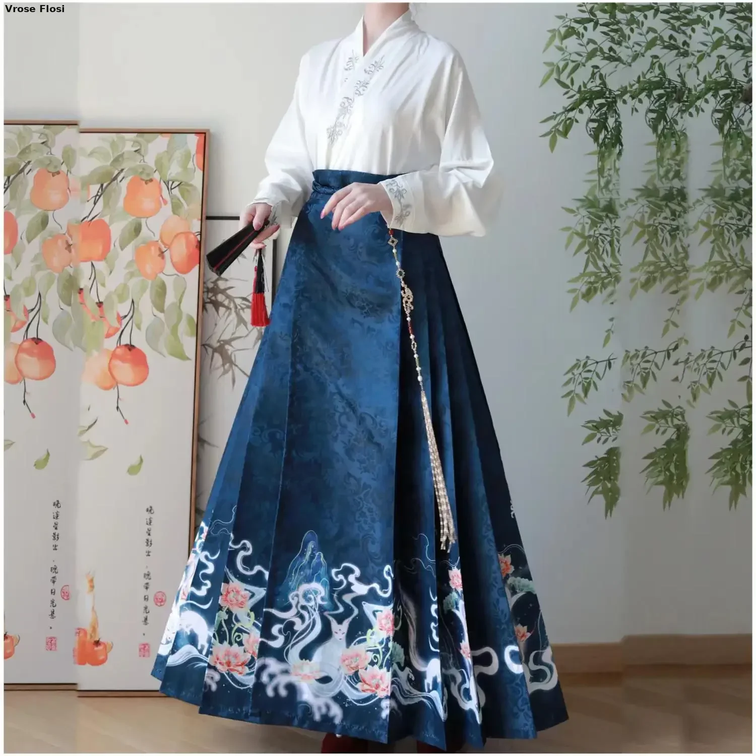 

Vintage Women Chinese Traditional Hanfu Cardigan Shirt + Blue Pleated Mamian Skirt Chinese Hot Hanfu Shirt Horse Face Skirt Set