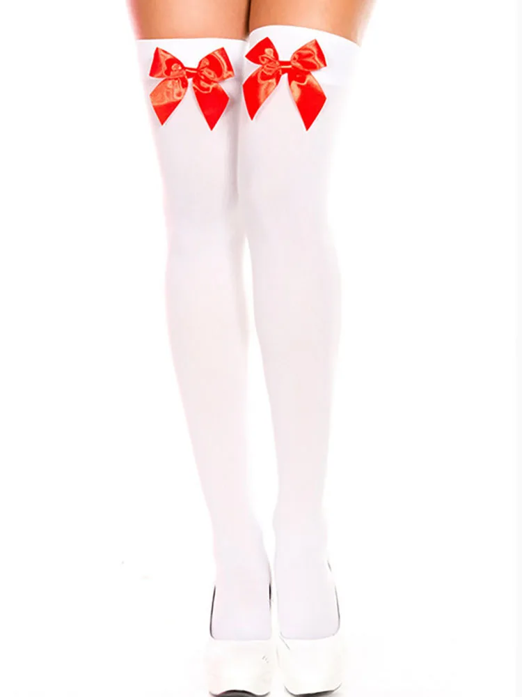 Sexy red bow white stockings, velvet knee socks, micro-penetrating 80D ladies thigh stockings stockings