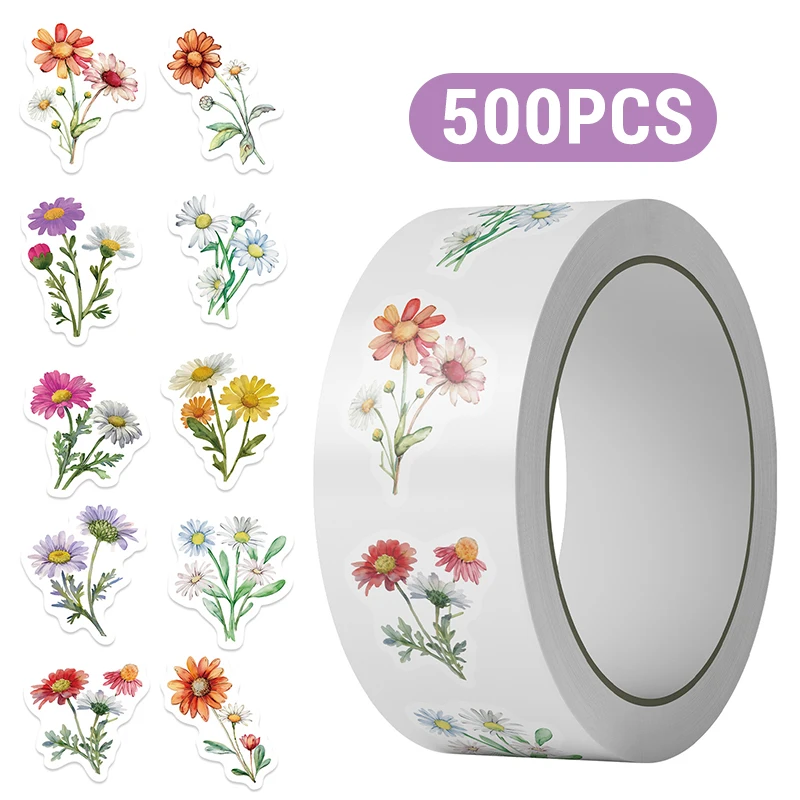500 Uds. Rollo de pegatinas de margaritas, pegatinas de flores bonitas, rollo de flores a prueba de sol, pegatinas de flores de margaritas bonitas, pegatinas de botellas de agua